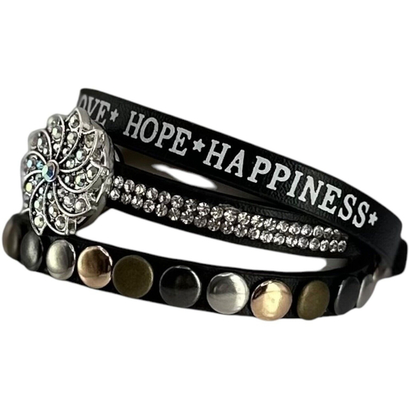 Snap Jewelry Black Leather Studded Sparkle Bracelet 18mm Iridescent Ginger Snap - Picture 1 of 13